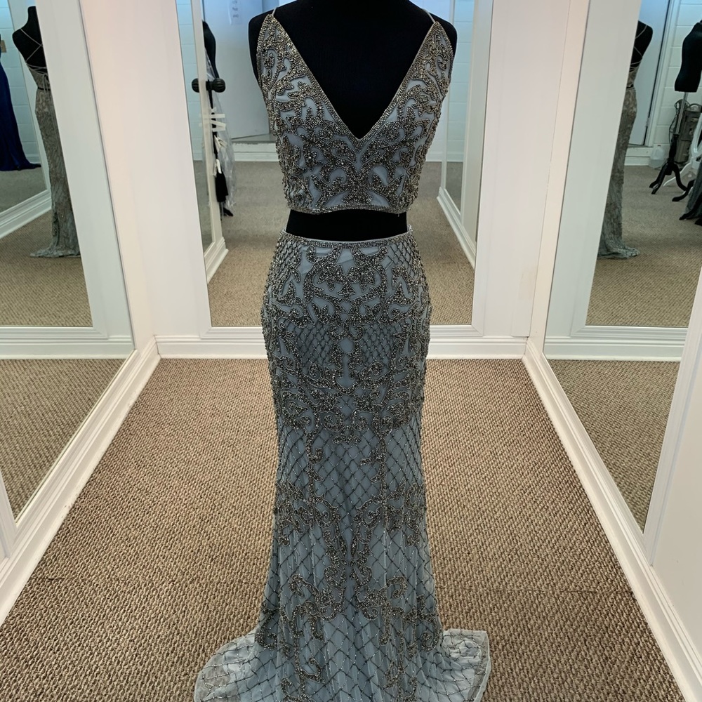 Primavera Couture Gray Beaded Prom Dress
